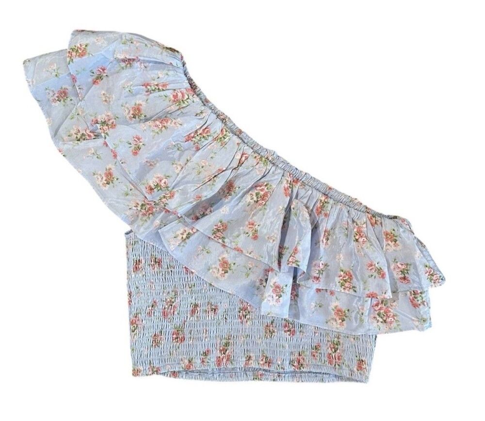 Abercrombie & Fitch Asymmetrical Ruffle 1 Shoulder Top Light Blue Floral Xl - Picture 2 of 5